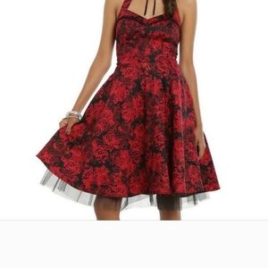 Hot Topic Red & Black Floral Halter Swing Dress